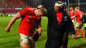 Gavin Coombes of Munster gets a pat on the head from team-mate Stephen Archer