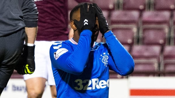 Jermain Defoe reacts after going close for Rangers during the defeat to Hearts
