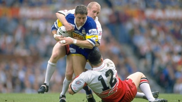 Shaun Edwards and Andy Farrell (12) in action for Wigan in 1995