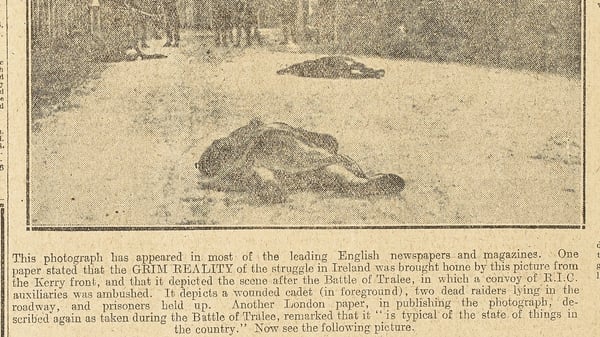 On November 27th 1920 the Irish Independent newspaper responds quickly to British propaganda, exposing the 'Battle of Tralee' as a British propaganda ploy. Image courtesy of National Library of Ireland