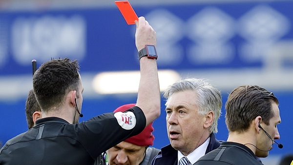 Carlo Ancelotti is shown a red card by referee Chris Kavanagh