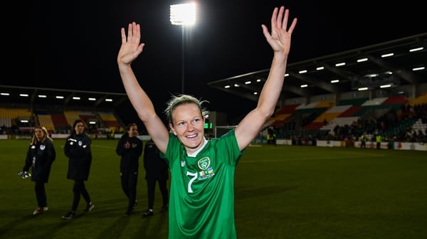 Diane Caldwell of Republic of Ireland celebrates following the UEFA Women's 2021 European Championships win over Ukraine
