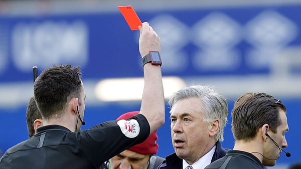 Carlo Ancelotti is shown a red card by referee Chris Kavanagh