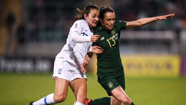 Aine O'Gorman challenges Athanasia Moraitou of Greece for the ball