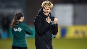 The Ireland manager celebrates at the final whistle as her side beat Greece at Tallaght Stadium