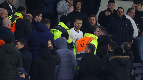 Eric Dier is seen speaking to Tottenham Hotspur fans in the stands after the Norwich match