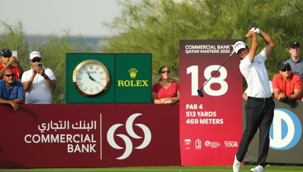 Jorge Campillo tees off on the 18th hole during the third round of the Commercial Bank Qatar Masters