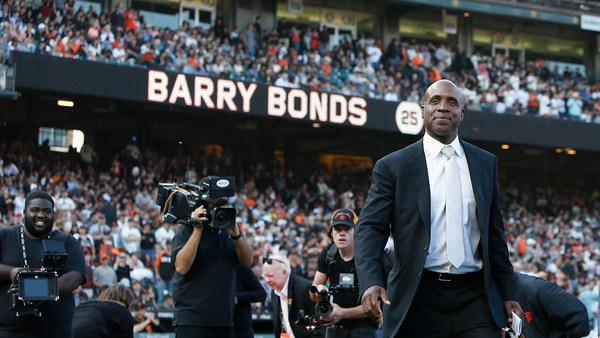 Former San Francisco Giants player Barry Bonds looks during a ceremony to retire his number 25 jersey