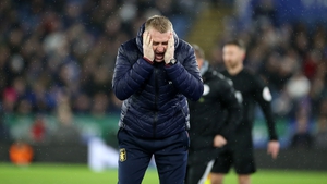 Dean Smith shows his frustration during the heavy defeat to Leicester