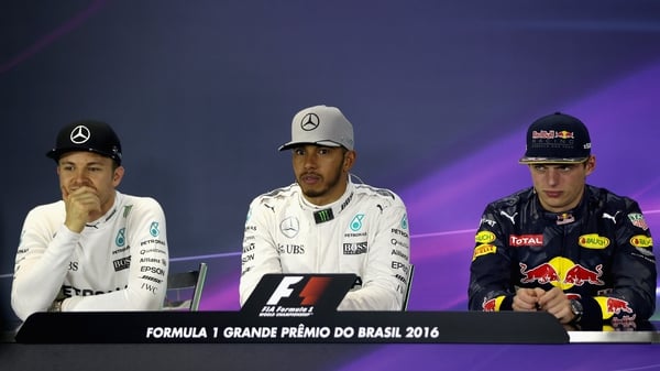 (L to r) Rosberg, Hamilton and Verstappen at Brazil 2016