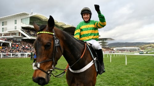 Barry Geraghty punches the air after his Champion Hurdle win on Epatante this season