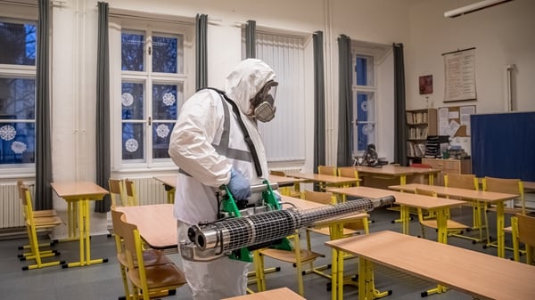 A classroom in Prague in the Czech Republic is disinfected