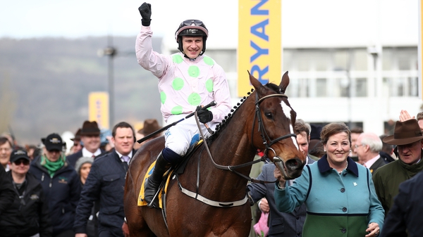 Paul Townend celebrates riding Min to win the Ryanair Chase at the Cheltenham Festival