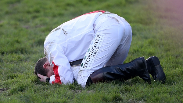 Jockey Jamie Moore was left in despair after Goshen dismounted him at the last