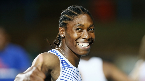 South African 800-metre Olympic champion Caster Semenya reacts after winning the women's 200m final during the Athletics Gauteng North Championships