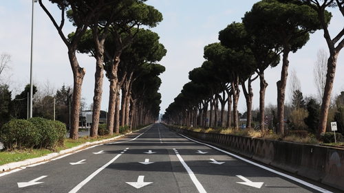 Cristoforo Colombo, one of the main roads into Rome, is completely empty as Italian daily life grinds to a halt
