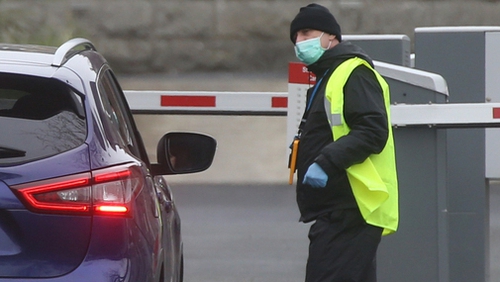 A security guard at St Michael's Hospital, Dun Laoghaire where Covid-19 testing is taking place. Photograph: Sam Boal / RollingNews.ie