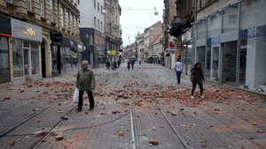 Debris strewn across a Zagreb street