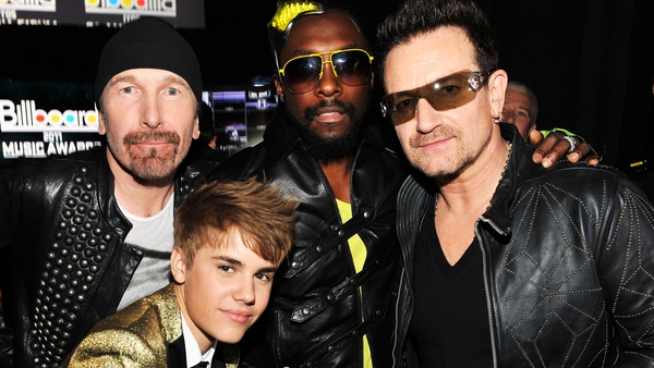 The Edge, Justin Bieber, will.i.am and Bono pictured together in 2011
