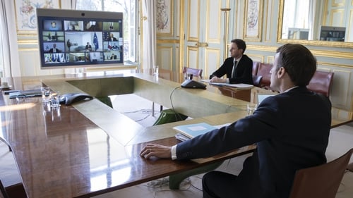 French President Emmanuel Macron during the video conference call at the Elysee Palace