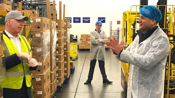 Taoiseach Leo Varadkar pictured with Fyffes Chairman David McCann (left) on a visit to its ripening facility in Swords in Co Dublin