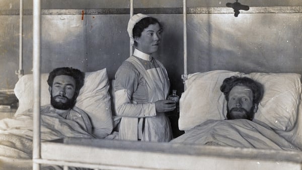 Volunteers Maurice Crowe (Tipperary) and Michael Carolan (Belfast) recover in the Mater Hospital (April 1920) after the Mountjoy hunger strike had ended [Photo: Irish Military Archives,, IE-MA-BMH-CD-208-2-11