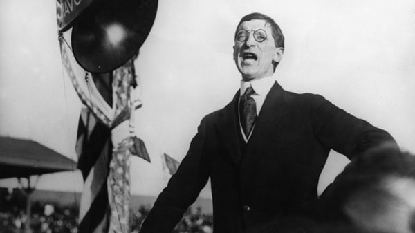 Eamon de Valera (1882 - 1975) addressing a meeting in Los Angeles on his US tour as president of Dail Eireann