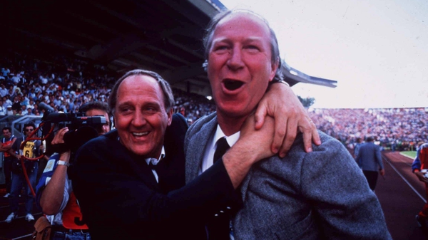 Maurice Setters and Jack Charlton celebrate the 1-0 win over England at Euro 88