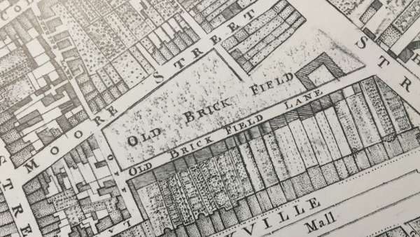 Rocques map of Dublin 1756, Moore Street  centre and Sackville St (Now O'Connell St) at bottom right