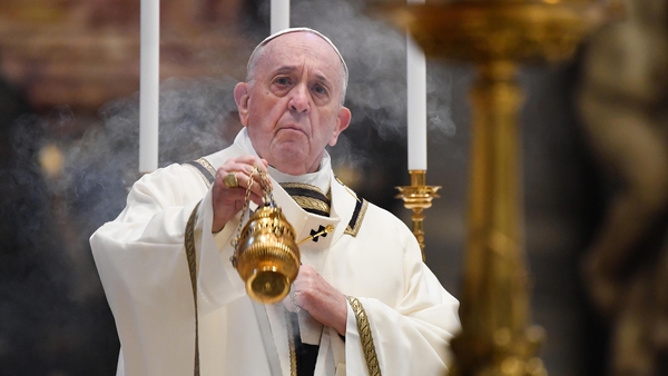 Pope Francis swings a thurible at the start of Easter Sunday Mass behind closed doors at St Peter's Basilica in The Vatican