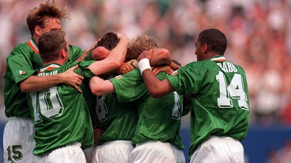 Ray Houghton is mobbed after scoring against Italy at USA '94