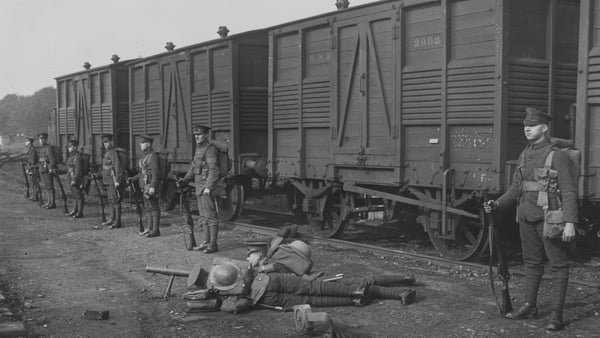 British soldiers guarding a train in Ireland, October 1920