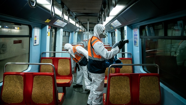A subway carriage is disinfected in Lisbon