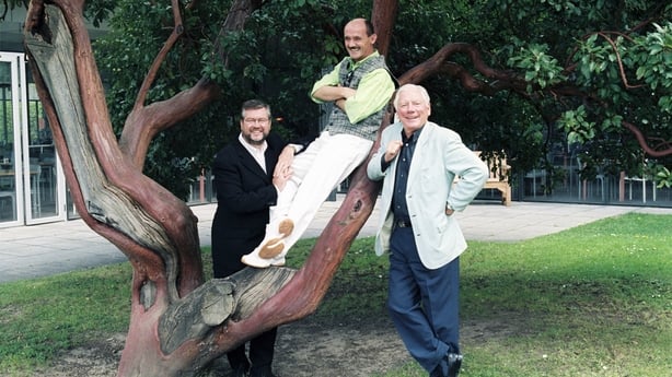 Joe Duffy, Brendan O'Carroll and Gay Byrne in a publicity shot for Telethon 2000