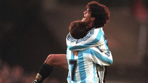 Argentina's Ariel Ortega celebrates his memorable goal at Lansdowne Road with Claudio Lopez
