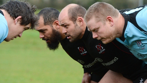 (L-R): Ulster front-row of John Afoa, Rory Best and Tom Court training in 2013