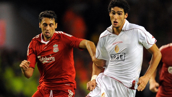 Marouane Fellaini (R) in action for Standard Liege against Liverpool in 2008