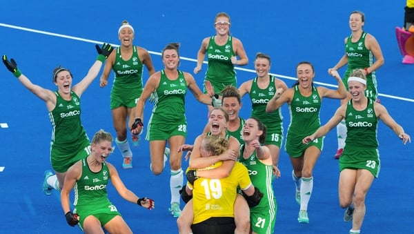 Irish hockey players celebrate a win in the 2018 Hockey World Cup quarter-final. Photo: Craig Mercer/Sportsfile