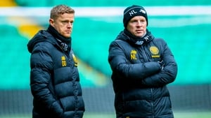 Celtic manager Neil Lennon (R) and first-team coach Damien Duff
