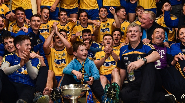 Roscommon manager Kevin McStay celebrates with his team after their victory in the 2017 Connacht football final