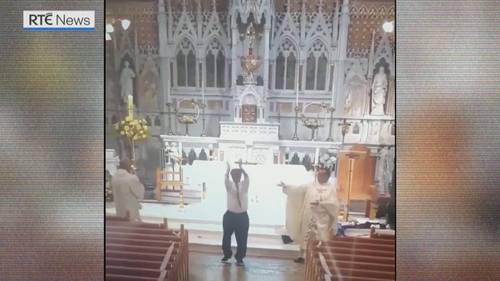 Fr Colum Wright, Deacon Kevin Devine and Sacristan Noel McCann end Mass with some Irish dancing Fr Colum Wright, Deacon Kevin Devine and Sacristan Noel McCann end Mass with some Irish dancing