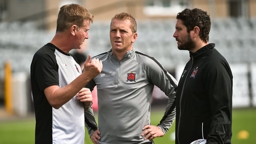 Stephen Kenny(L), Vinny Perth (C) and Ruaidhri Higgins in discussion back in July 2018