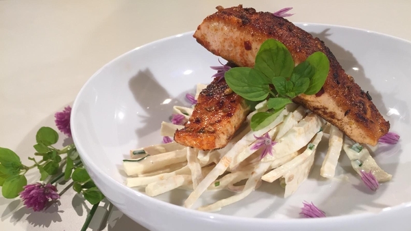 Kevin Dundon's blackened salmon with celeriac salad.