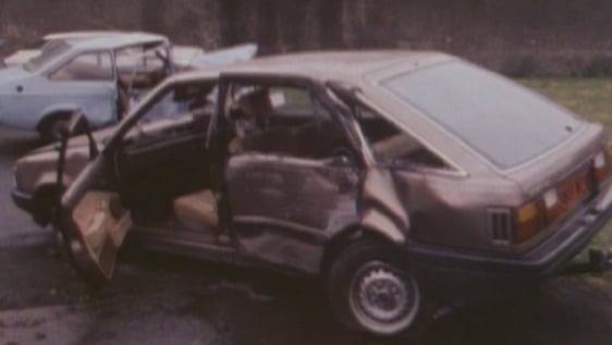 Crashed car which was used by joyriders, Dublin (1985)