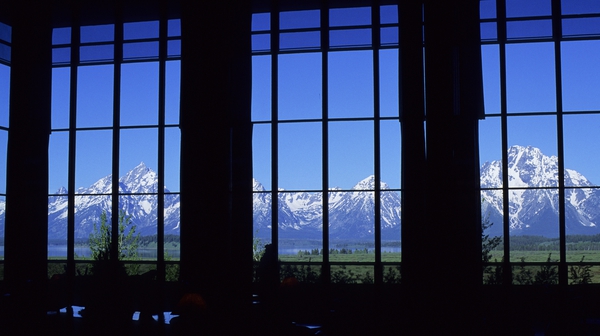 The view from the lobby of the Jackson Lake Lodge, which is closed due to the outbreak of Covid-19
