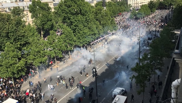 The protesters gathered in Place de la Republique, chanting 'No justice, no peace'