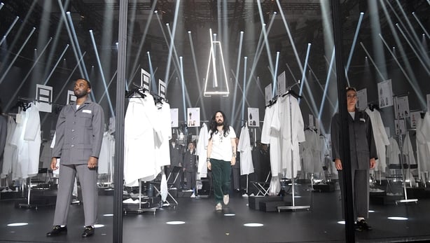 Fashion Designer Alessandro Michele acknowledges the appause of the audience during the Gucci Fall/Winter 2020/21 fashion show