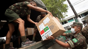 Brazilian soldiers unload 900 kilos of Personal Protective Equipment at the garrison hospital in Tabatinga