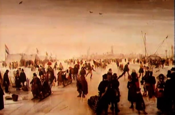 Enjoying the Ice near a Town, by Dutch artist Hendrick Avercamp, c. 1620, oil on panel