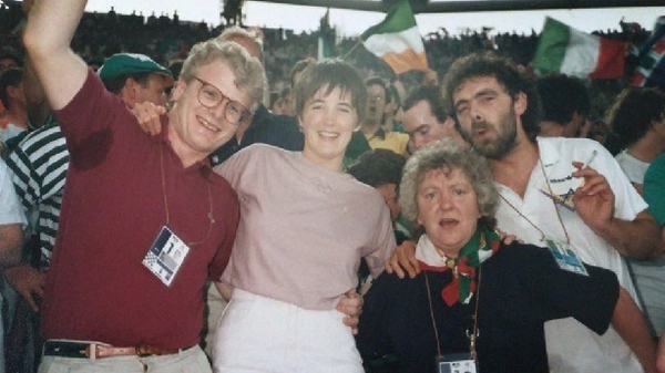 John Egan, left, and Nell, second from right, with fans at Italia 90